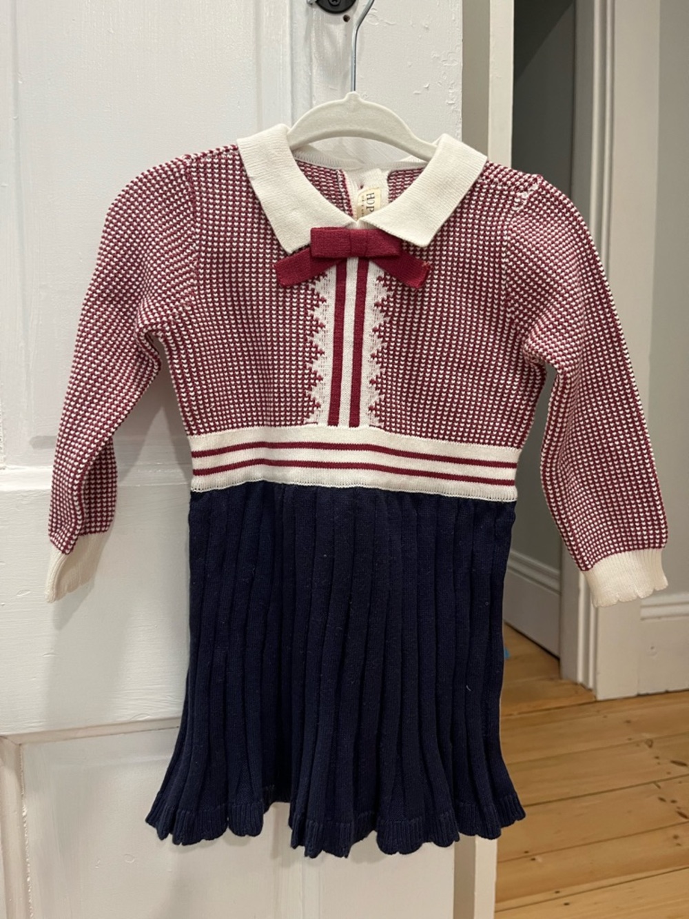 Girls Knit Colorblock Dress with Bow Collar - Red, Cream & Navy
